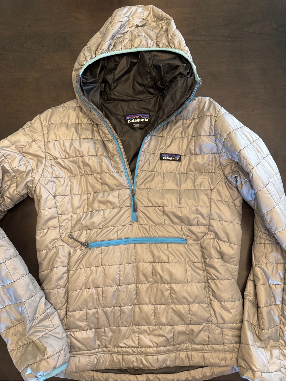 Patagonia Silver Puff Jacket with Light Blue Trim